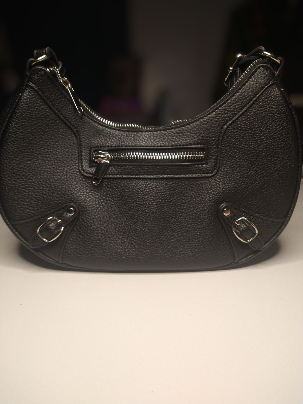 Black Leather Crescent Shoulder Bag with Silver Hardware